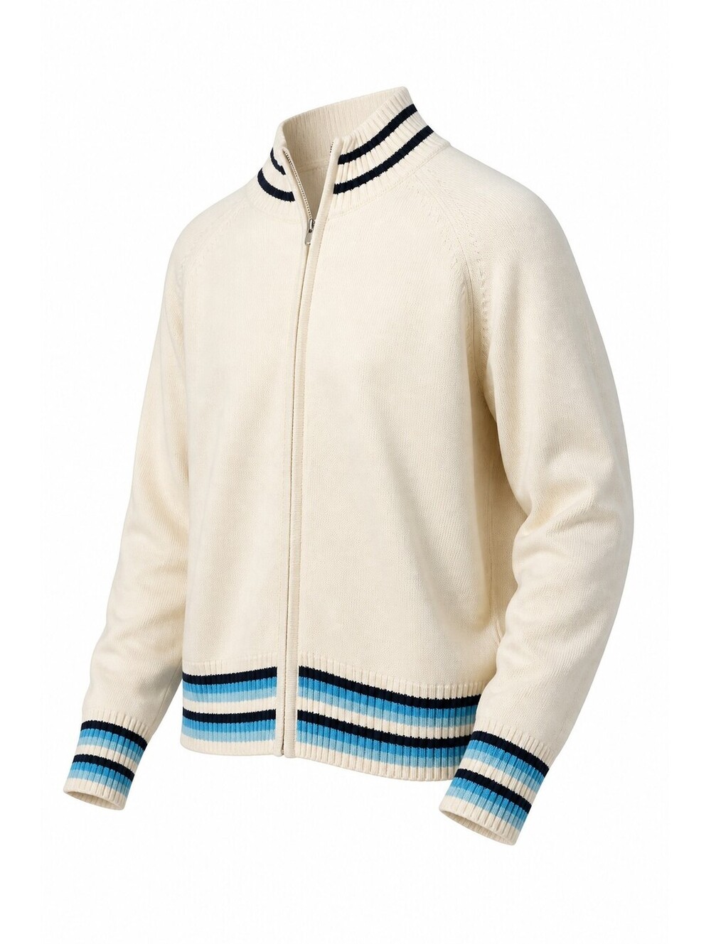 IZOD Petite lg Full Zip Sweater with Blue Striped Cuffs and Hem